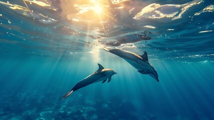 dolphins gracefully swimming in the open ocean, clear blue water and sunlight filtering through, har