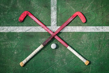 Wall Mural - Field hockey stick and balls on green grass. Horizontal sport theme poster, greeting cards, headers, website and app