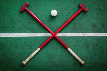 Canvas Print - Field hockey stick and balls on green grass. Horizontal sport theme poster, greeting cards, headers, website and app