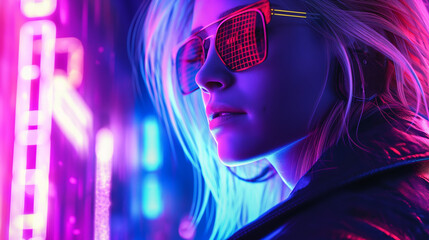 Wall Mural - A cyberpunk-style neon colors, blond woman in sunglasses and jacket in the style of an 80s