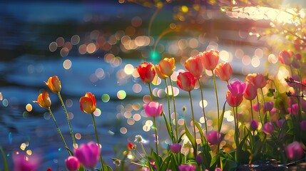 Spring riverside tulips poster background