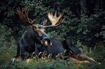 Wall Mural - a moose resting in the forest, with its head tilted to one side and antlers on its back. The background shows greenery