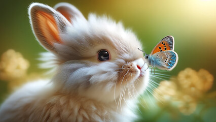 cute little rabbit with a butterfly perched on its nose. The rabbit, with soft, fluffy fur