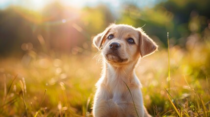 Poster - A cute puppy sitting in a grassy field, looking up with big, round eyes and a playful expression, capturing a moment of pure joy.