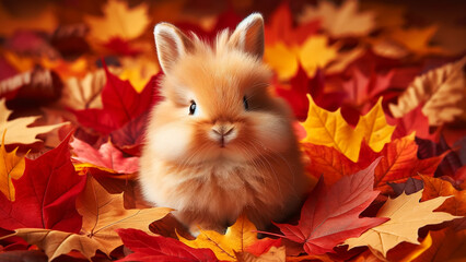 Wall Mural - little funny rabbit sitting among autumn leaves. The rabbit is small and fluffy