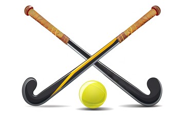 Wall Mural - Field hockey. Sports supplies for playing on a white background. Hockey stick and ball. Crossed sticks for hockey. Sports competition on the grass.