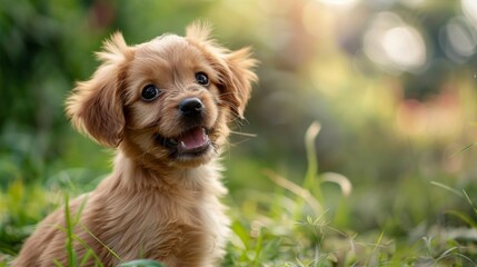 Poster - A cute puppy sitting in a grassy field, looking up with big, round eyes and a playful expression, capturing a moment of pure joy.