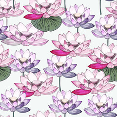 Wall Mural - Seamless floral lotus rainbow hand drawing. Floral and botanical background. Summer tone with tropical leaves, lotus flower, lotus fruit, branch vector. Seamless pattern