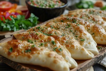 Poster - Freshly baked empanadas garnished with sesame seeds and herbs on a rustic wooden serving tray