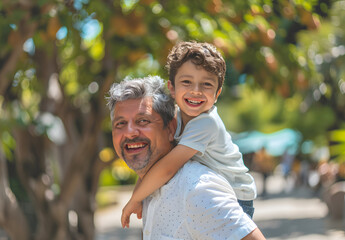 Portrait of a father carrying his son on his back, giving him a piggyback. Generative AI 