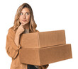 © Asier - Blonde Caucasian moving with large boxes looking sideways with doubtful and skeptical expression.