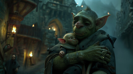 Goblin holding a baby in a medieval castle background with dark and moody effects 