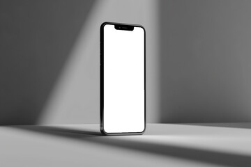 mockup mobile smartphone with blank, empty white screen standing on a table