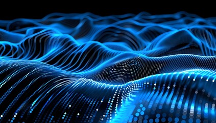 Aufkleber - Abstract background with a blue glowing low poly wireframe network, depicting data transfer and connection concepts on a dark blue background
