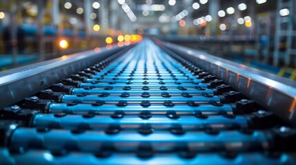 Close-up of automated conveyor rollers with black and blue details