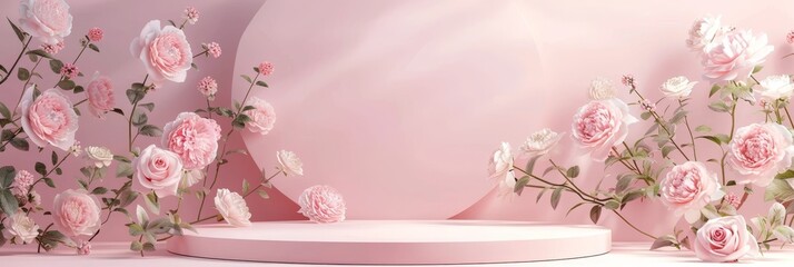 Poster - Pink Rose on Podium: A Charming Floral Display Radiating Springtime Beauty and Romantic Vibes