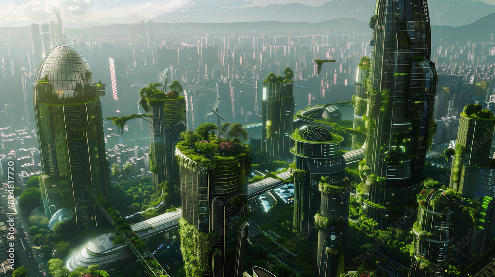 A futuristic eco-city with vertical gardens and green skyscrapers ...