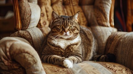 Aufkleber - A fat cat perched on a plush armchair, looking directly at the camera with an inquisitive expression.