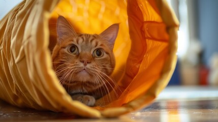 Poster - A fat cat playing hide-and-seek with a crinkle tunnel, its head poking out curiously, in a fun and engaging environment.