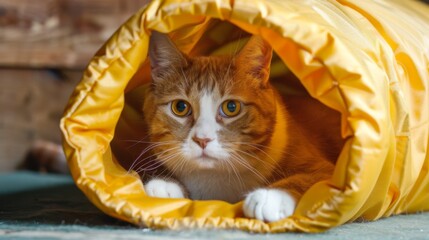 Poster - A fat cat playing hide-and-seek with a crinkle tunnel, its head poking out curiously, in a fun and engaging environment.