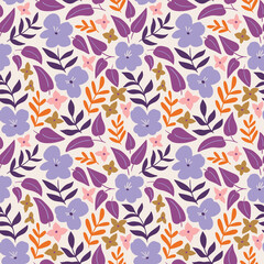 Wall Mural - Vector floral seamless pattern design. Stylized violet flowers on light  background. Vector natural seamless texture. Botanical illustrated print in hand-drawn style.