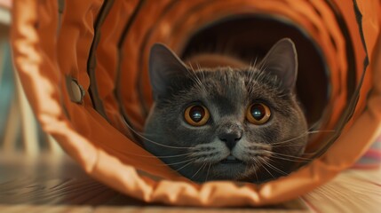 Poster - A fat cat playing hide-and-seek with a crinkle tunnel, its head poking out curiously, in a fun and engaging environment.