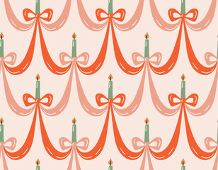 Wall Mural - Ribbon, bow and candle seamless pattern. Vector decorative wrap paper design. Festive endless print for bithday, Christmas or wedding. Vecor bow seamless pattern.