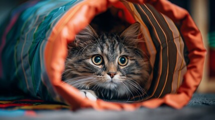 Wall Mural - A fat cat playing hide-and-seek with a crinkle tunnel, its head poking out curiously, in a fun and engaging environment.