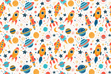 Colorful rockets and planets create a seamless pattern, perfect for fun and adventurous space-themed children's decoration.