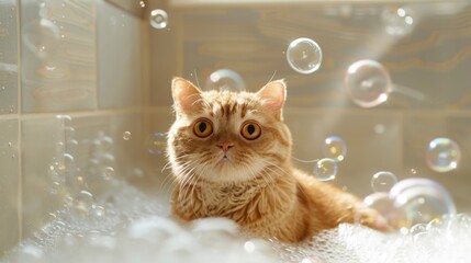 Poster - A fat cat sitting in a bathtub filled with bubbles, looking around with wide eyes, creating a humorous and cute scene