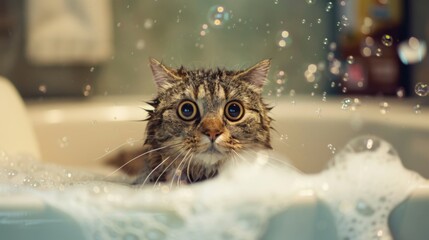 Poster - A fat cat sitting in a bathtub filled with bubbles, looking around with wide eyes, creating a humorous and cute scene