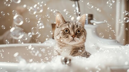 Poster - A fat cat sitting in a bathtub filled with bubbles, looking around with wide eyes, creating a humorous and cute scene
