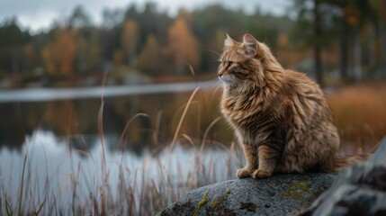 Poster - A fat cat sitting on a rock by a lake, its fur slightly damp and enjoying the natural surroundings.