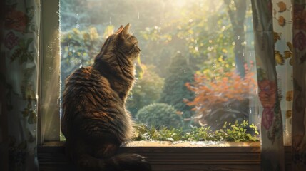 Fototapete - A fat cat sitting regally on a windowsill, gazing out at a beautiful garden, exuding an air of quiet contemplation.