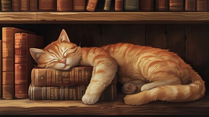 Aufkleber - A fat cat sleeping next to a stack of books on a shelf, its head resting on one of the books and looking adorable.