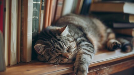 Aufkleber - A fat cat sleeping next to a stack of books on a shelf, its head resting on one of the books and looking adorable.