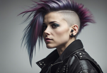 portrait of a girl in a punk outfit with hair shaved on the side, isolated white background
