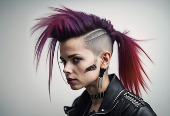 Wall Mural - portrait of a girl in a punk outfit with hair shaved on the side, isolated white background
