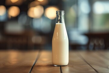 Single glass bottle filled with fresh milk, standing on a wooden table with soft bokeh background