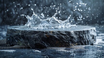 Wall Mural - dynamic image of water splashing dramatically over a round stone platform set against a dark, moody 