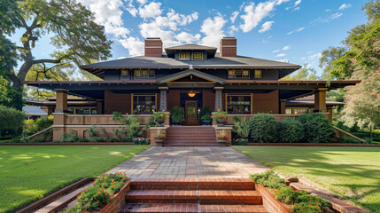 A historic craftsman-style schoolhouse converted into a residence, with a grand front porch, decorative brickwork, and a well-maintained lawn. 