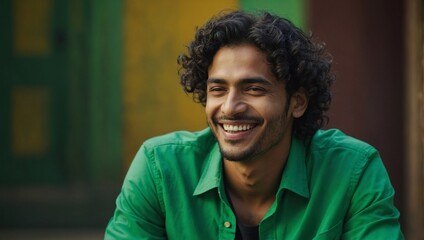 Wall Mural - indian or arabian young man with curly hairstyle, smiling and laughing, wearing bright green clothes at bright solid green background