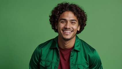 Wall Mural - Hispanic young man with curly hairstyle, smiling and laughing, wearing bright green clothes at bright solid green background