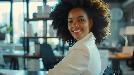 A confident businesswoman in a modern office, sitting at her desk and smiling at the camera. 
