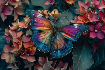 Sticker - Vibrant butterfly with iridescent wings pollinating colorful flowers in the natural outdoor garden