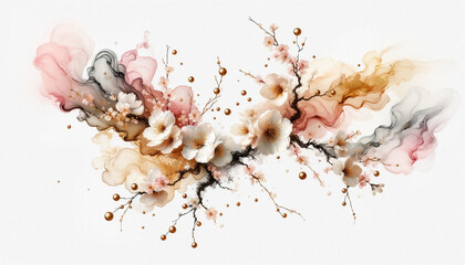 Abstract flowers sakura branch with fluid alcohol ink paint and gold accent soft tones on white background.