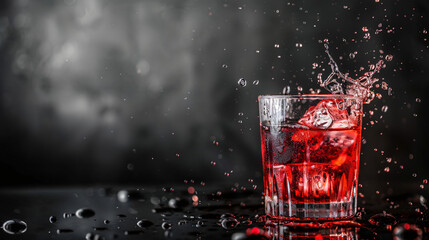 Red cocktail splash on black background. Vibrant red cocktail with ice cubes splashing in a rocks glass, set against a moody black background with copy space.