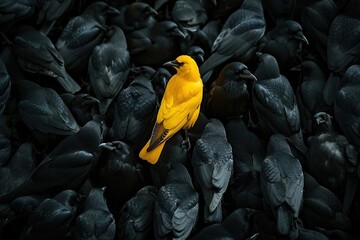 Poster - A yellow crow alone among a crowd of black crows, concept of standing out from the crowd as a leader, of being different and unique with its own identity and special skills