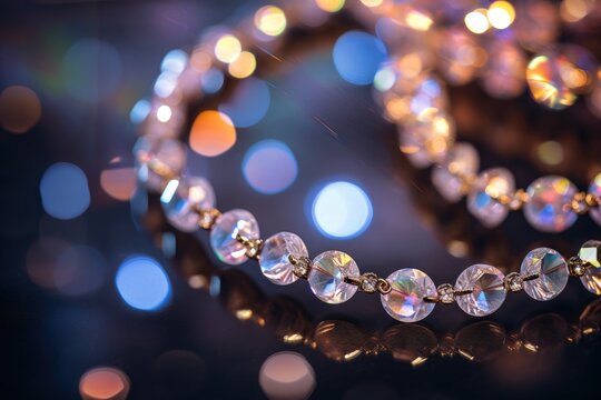 Close-up of a necklace on a background of soft fairy lights.