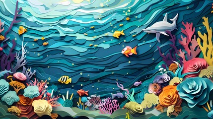 Wall Mural - Digital paper cutting underwater world poster background